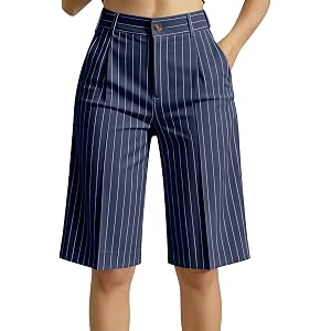 Lmdudan Striped Dress Shorts for Women High Waist Button Fly Knee Length Shorts Dressy Business Office Summer Short Pants