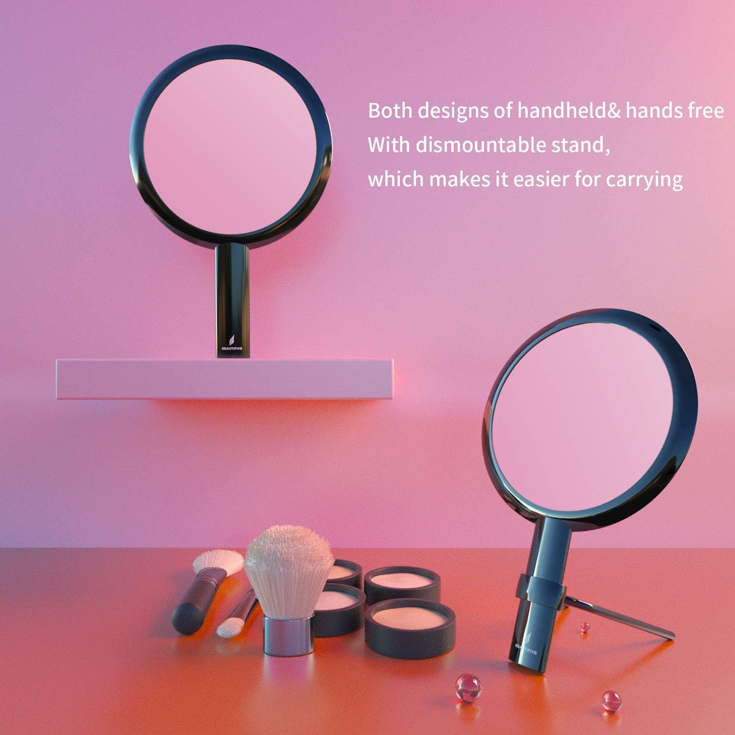 Beautifive Hand Mirror, Hand Held Mirrors with Adjustable Handle，1x/7x Magnifying Double Sided Handheld Makeup Mirror with Stand for Vanity Beauty Travel Table Desk Shaving Bathroom (Black): Furniture & Decor