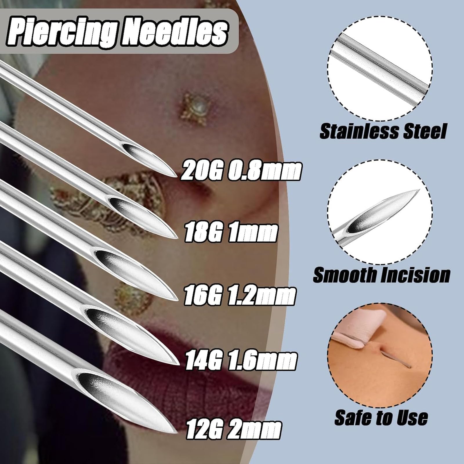 Body Piercing Kit 66PCS Professional Piercing Kit Includeds 50Mixed 12G 14G 16G 18G 20G Ear Nose Piercing Needles 6no pull piercing disc 6Clean Tools 4Gloves for Ear Nose Piercing Kit