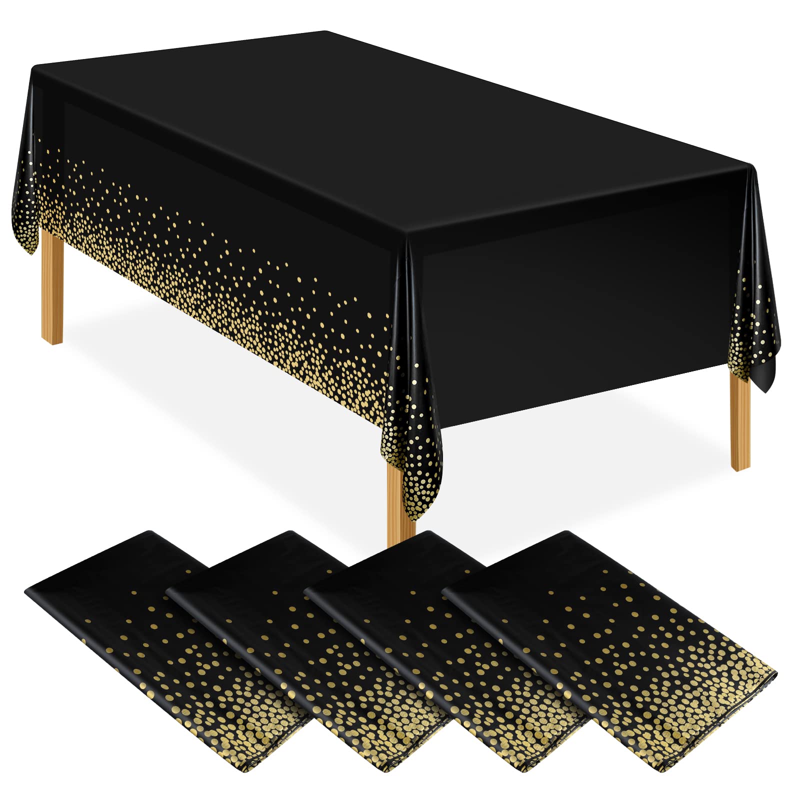 ELECLAND 4Pcs Black and Gold Party Tablecloth Plastic Tablecloth 137x274cm Gold Dot Confetti Table Cover Rectangular Party Table Cover for Picnic, Baby Shower, Halloween, Christmas