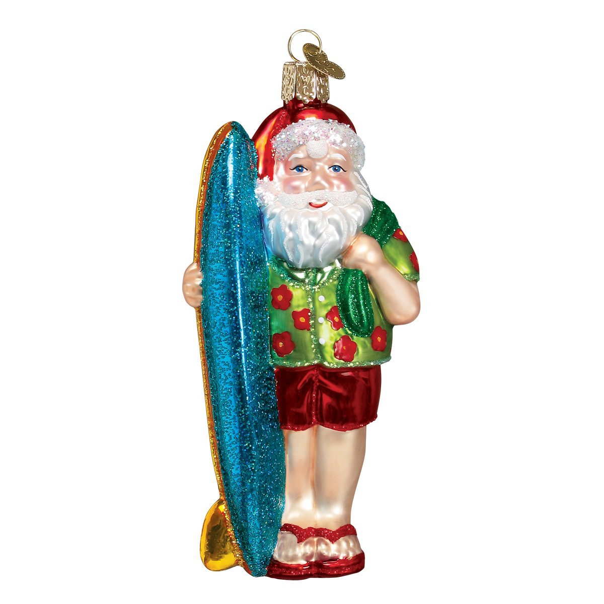 Old World Christmas Beach Gifts Glass Blown Ornaments for Christmas Tree Surfer Santa,Green, Red, Blue,5.25