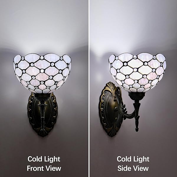GILGGAK TIFFANY WALL SCONCE HAND-WELD STAINED GLASS BEDSIDE LAMP WITH CLASSIC 8 INCHES LAMPSHADE FOR BEDROOM HALLWAY LIVING ROOM HOME OFFICE (GRAY WHITE)