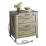 DEVAISE Lateral File Cabinet with Lock, 2 Drawers & Charging Station, Farmhouse Wood Printer Stand with Large Storage, Fits A4/Letter/Legal Hanging Files, Gray Oak
