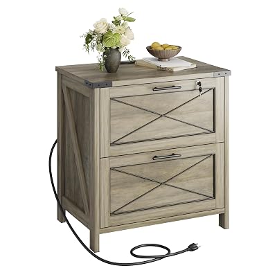DEVAISE Lateral File Cabinet with Lock, 2 Drawers & Charging Station, Farmhouse Wood Printer Stand with Large Storage, Fits A4/Letter/Legal Hanging Files, Gray Oak