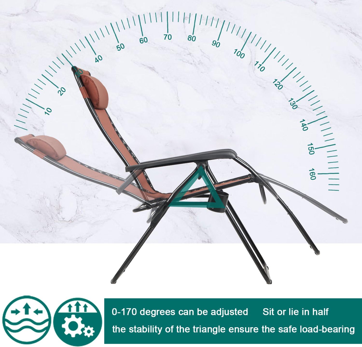 PORTAL Zero Gravity Recliner Lounge Chair, Folding Patio Lawn Pool Chair with Headrest Cup Holder, Support 300lbs, Brown, 20.5”(L) X21”(W) X 45”(H) (PR-LC-8012-BR): Sports & Outdoors