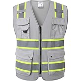 JKSafety 9 Pockets Hi-Vis Fluorescent Color Zipper Front Safety Vest with Neon Color Extended Yellow Trims for Men and Women Work Safety Utility (901-Grey L)