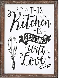 SANY DAYO HOME This Kitchen is Seasoned with Love Wall Signs 16 x 12 inches Rustic Real Wood Framed Hanging Art for Home and Kitchen Farmhouse Décor