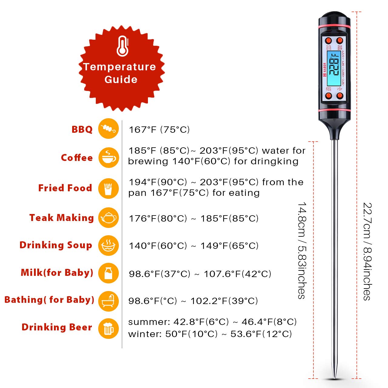 Habor Kitchen Cooking, Digital MultiFunctional Thermometer with