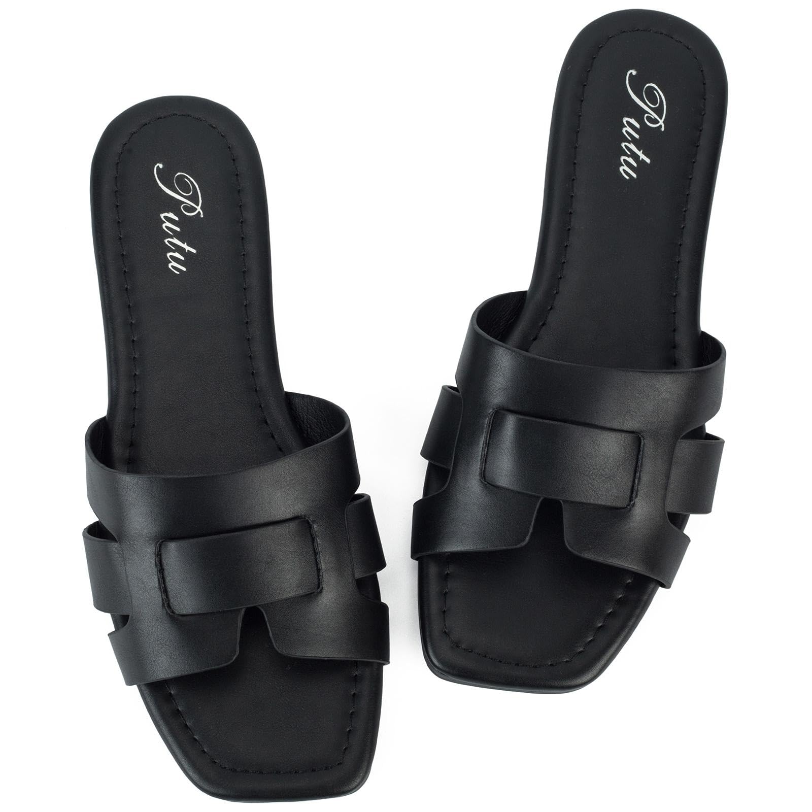 Mtzyoa Women's Flat Sandals - Strappy Leather Weave Slides, Square Toe, Comfort Foam, Black, Size 6.5 - View #7