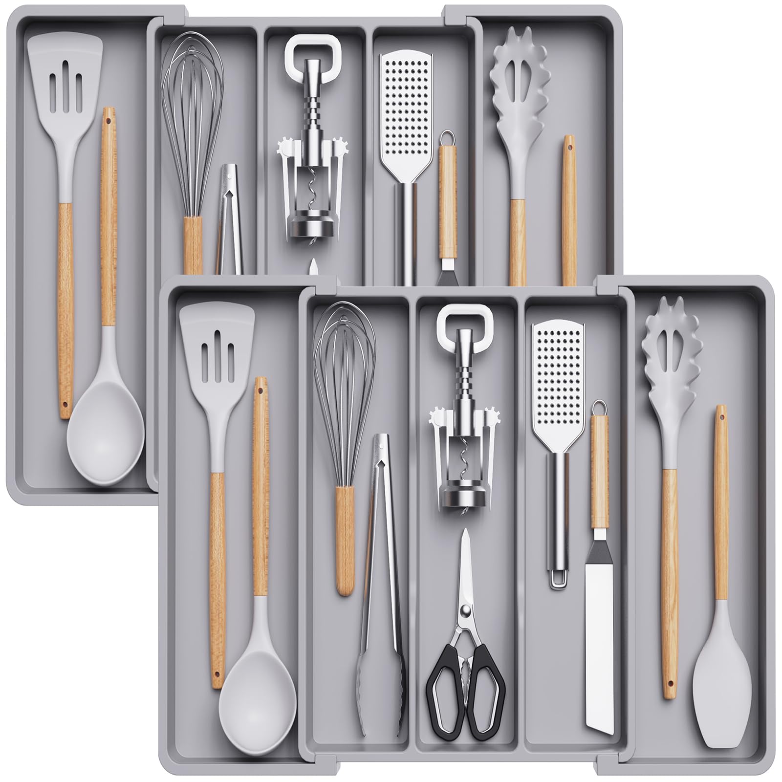 Photo 1 of Lifewit Utensil Organizer for Kitchen Drawers, Expandable Cooking Utensil Tray, Adjustable Cutlery Silverware Flatware Holder, Plastic Kitchen Spatula Tools and Gadgets Storage Divider, 2 Pack, Gray