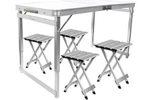 FrenzyBird Folding Picnic Table with 4 Stools, Aluminum Table Chair Set for up to 4 Persons, Portable Lightweight and Heights Adjustable for Outdoor Camping Dining BBQ Party
