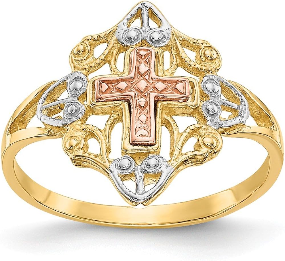 14k Two Tone Yellow Gold White Cross Religious Band Ring Size 7.00 Fine Jewellery For Women