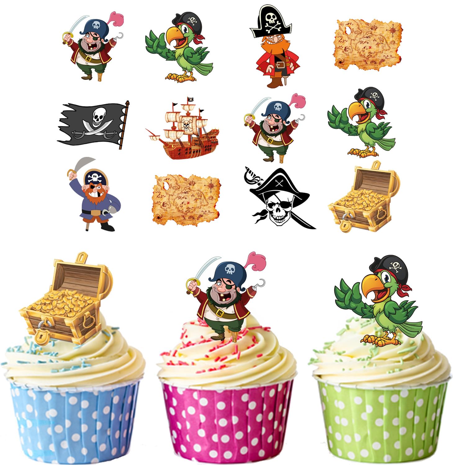 AK Giftshop Pirate Party Pack, 36 Cup Cake Toppers - Edible Stand Up Decorations