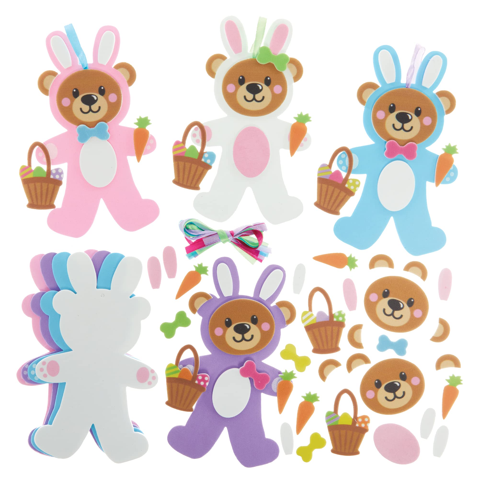 Baker Ross FX503 Easter Bunny Teddy Bear Mix and Match Decoration Kits - Pack of 8, Kids Foam Easter Craft Decoration