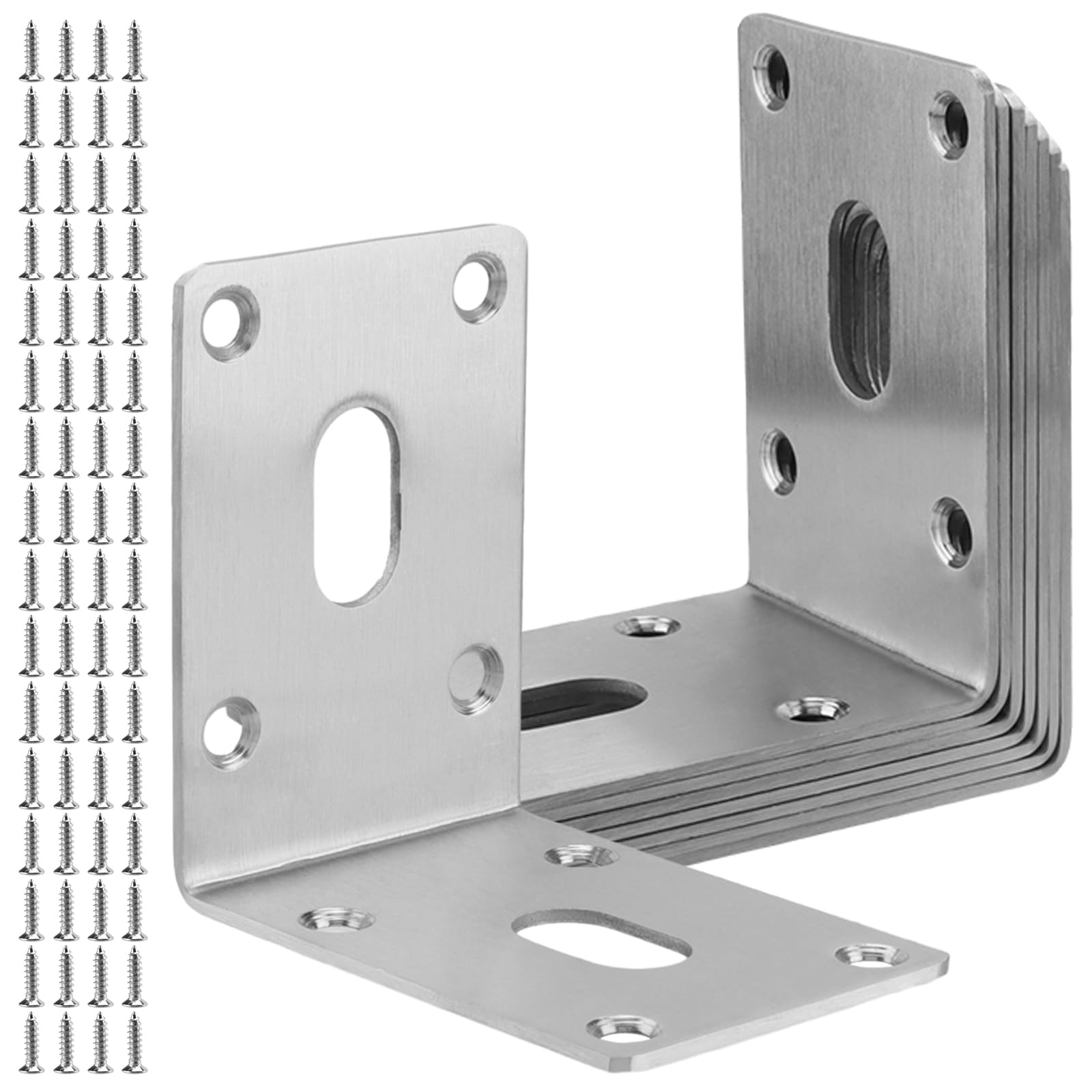 ZOENHOU 8 x Angle Connectors, 70 x 70 x 49 mm, Angle Connector, Stainless Steel, Hole Angle, Mounting Bracket, with 64 Screws, for Cabinets, Shelves, Wardrobes, Workbenches, Silver
