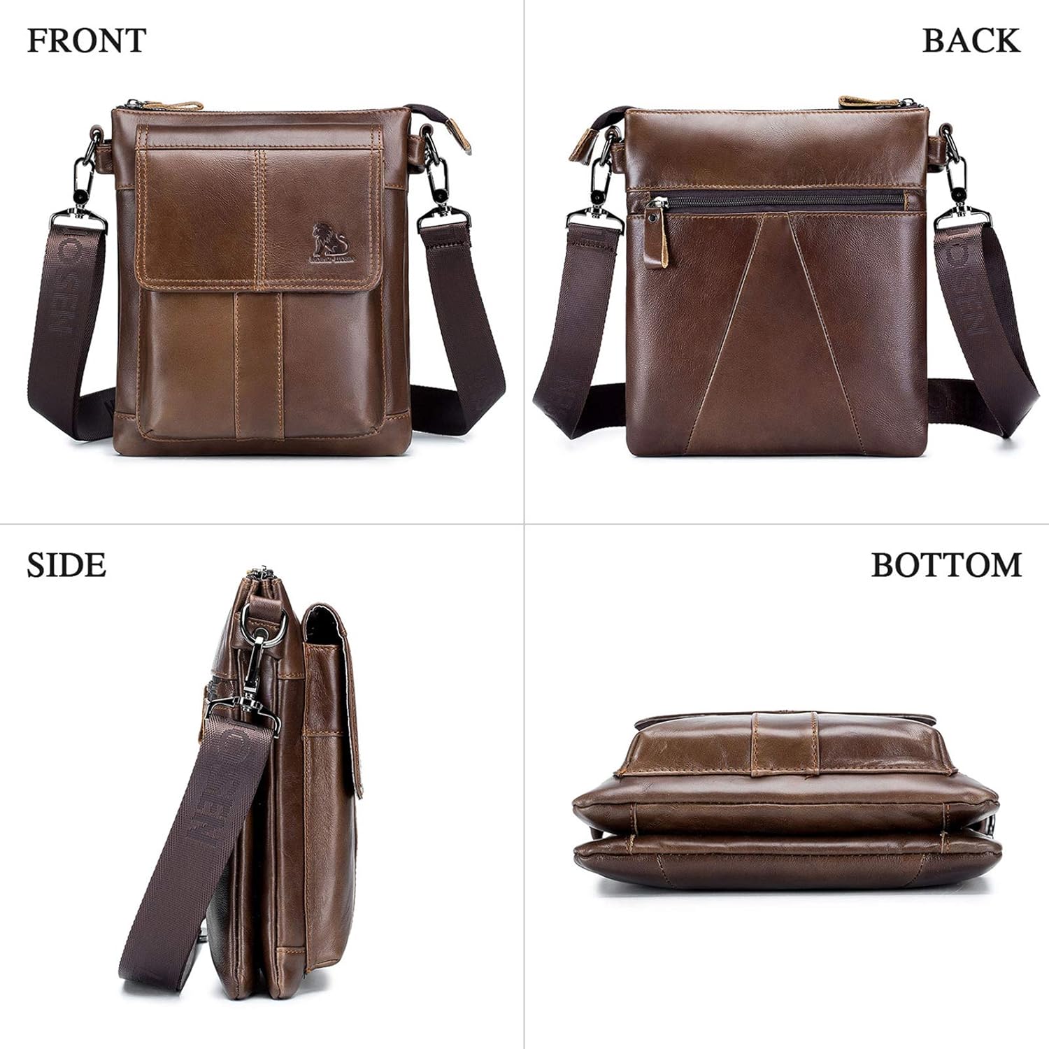 BAIGIO Men's Leather Shoulder Bag Retro Crossbody Pack Brown Messenger Satchel Bag Casual Travel Bags for Phone Wallet Keys Passport Glasses - Image 5