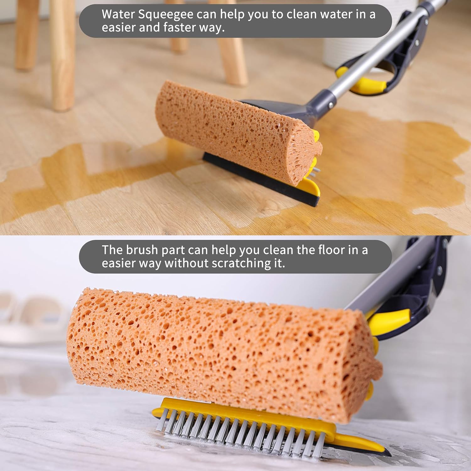 Yocada Sponge Mop Home Commercial Use Tile Floor Bathroom Garage Cleaning with Squeegee and Extendable Telescopic Long Handle 42-52 Inches Easily Dry Wringing - Image 3