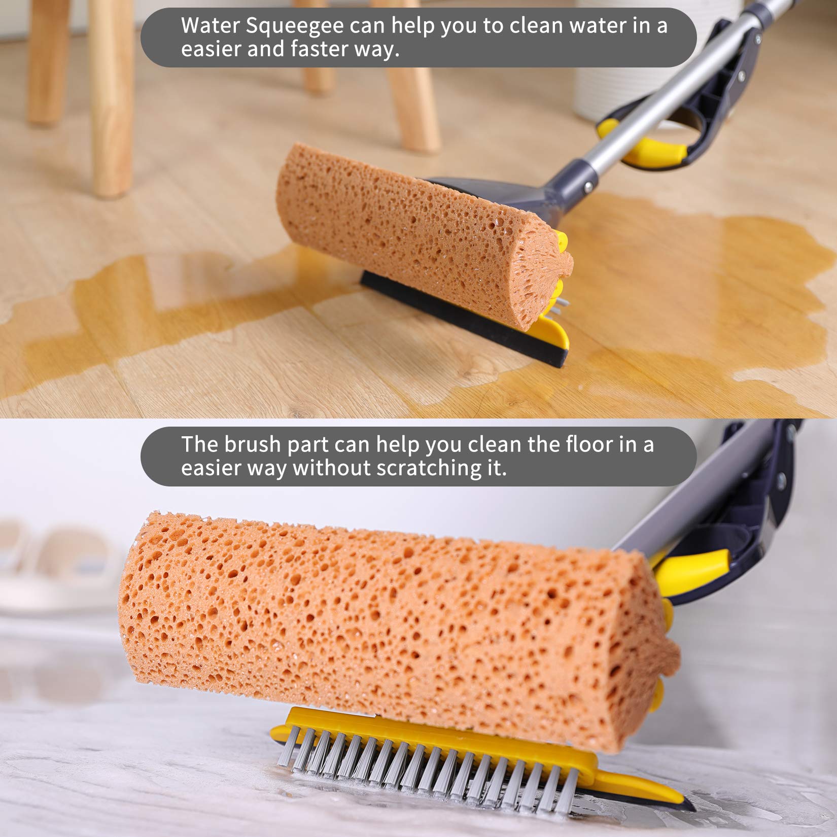 Yocada Sponge Mop Home Commercial Use Tile Floor Bathroom Garage Cleaning with Total 2 Sponge Heads Squeegee and Extendable Telescopic Long Handle 42.5-52 Inches Easily Dry Wringing