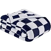 Cozzenity Checkered Throw Blanket, Dark Blue Soft Cozy Fluffy Knitted Throw Blankets for Couch, Sofa, Bed, Chair, Warm Fuzzy Travel Picnic Lightweight Plaid Blanket, 50x70 inches
