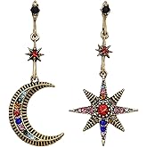 Asymmetrical Sun and Moon Drop Dangle Earrings Rhinestone Crystal Moonstone Crescent Star Long Stud Earrings Boho Bohemian for Women Celestial Planet Christmas Jewelry-3