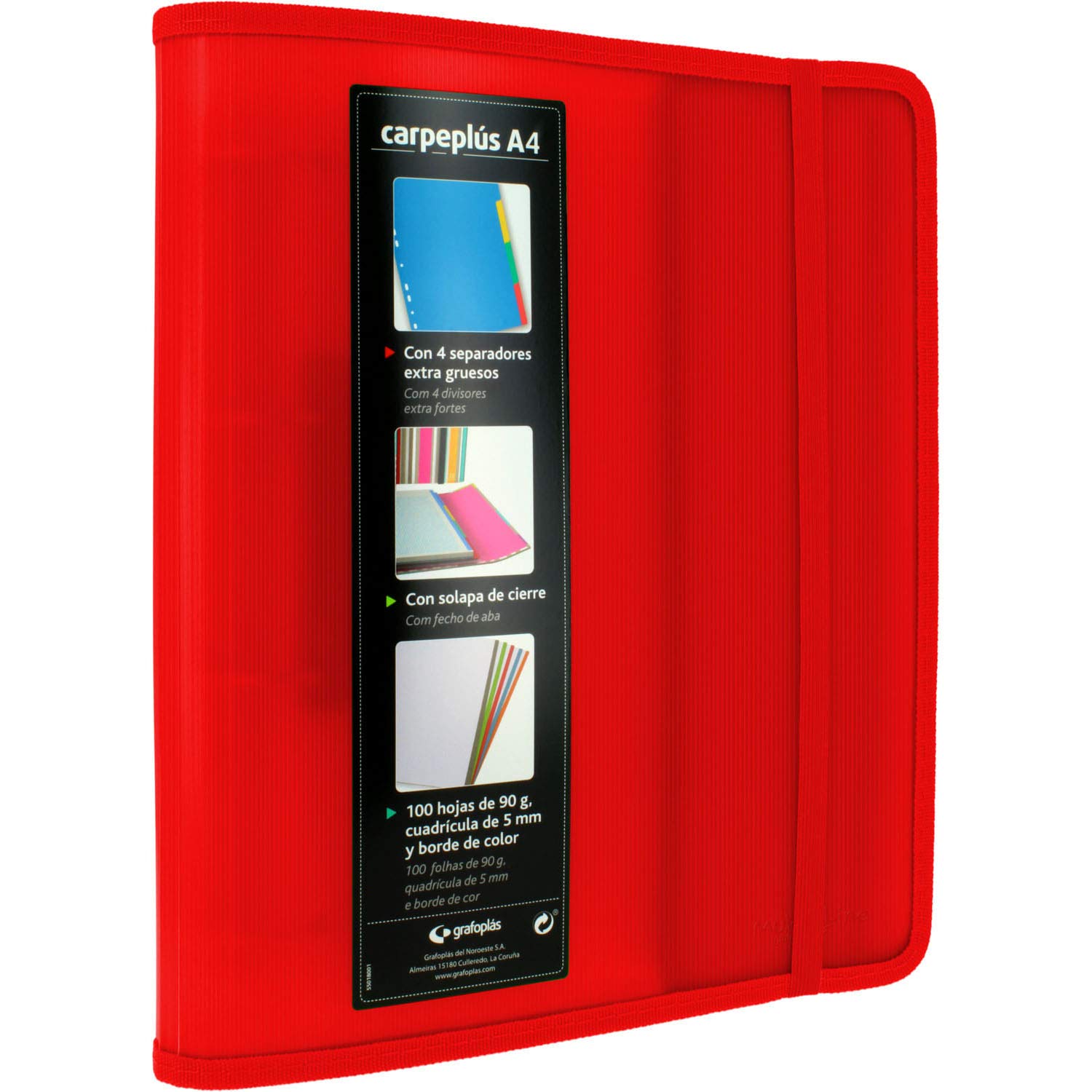 Grafoplás 88200051 Carpeplus, 4 Rings, A4, Red, Polypropylene, with Side Flap, Refill of 100 Sheets, Dividers and Transparent Envelope, Multiline.