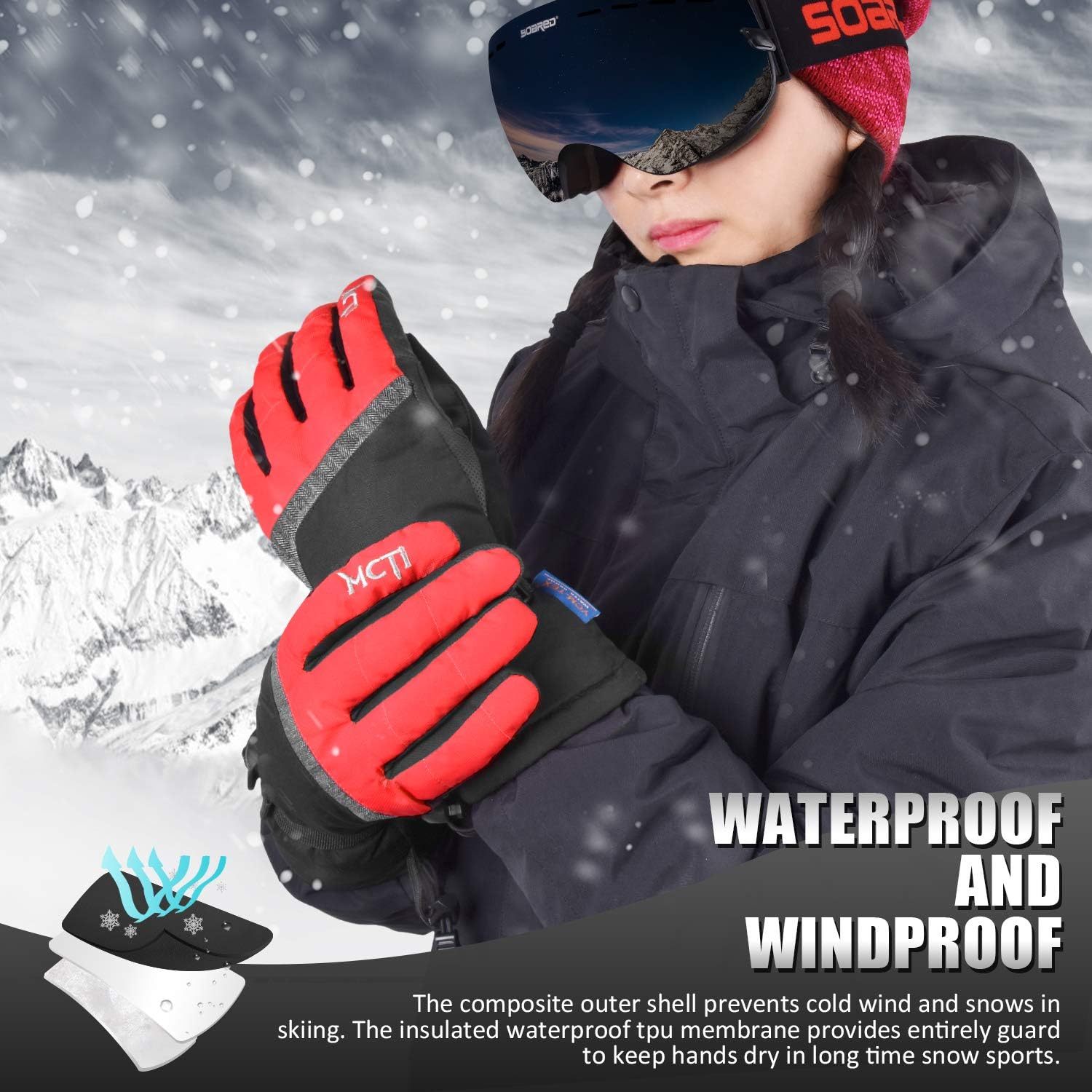 MCTi Ski Gloves, Winter Waterproof Snowboard Snow 3M Thinsulate Warm Touchscreen Cold Weather Women Gloves Wrist Leashes : Clothing