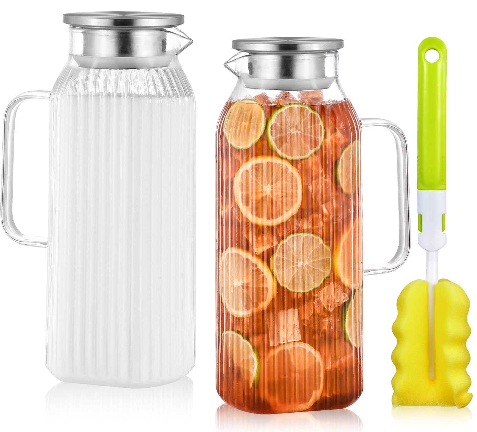Photo 1 of 2 Liters/68oz 2 Pack Stripes Glass Pitcher with Lid and Handle for Bridge Door, Aofmee Borosilicate Glass Heat Resistant Dishwasher Safe Iced Tea Jar, Carafe with Scale Line for Hot/Cold Beverage