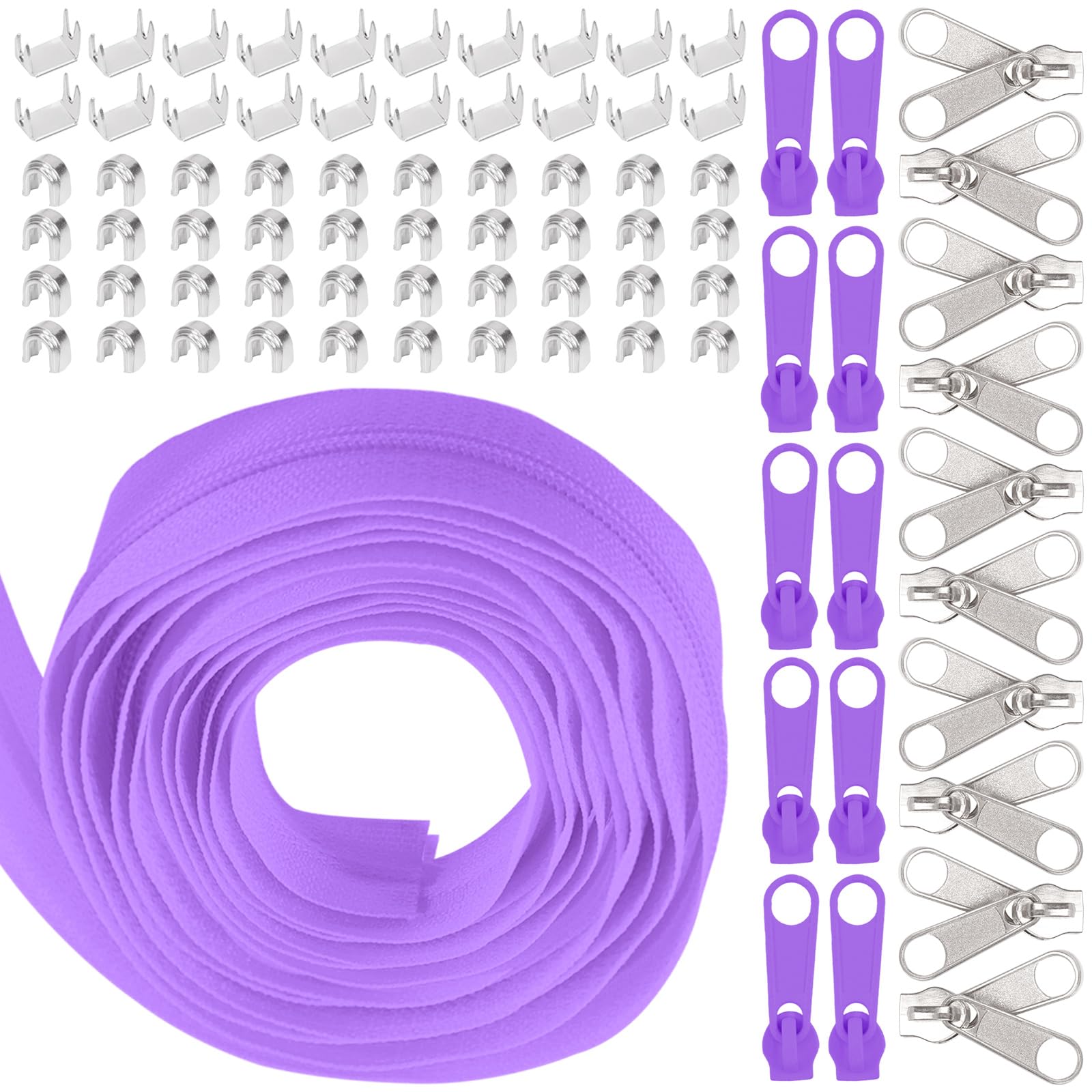 Swpeet 1Roll 10 Yard #5 Light Purple Nylon Zipper Tape Strip With 20Pcs Matched Sliders Assortment Kit, Replacement Roll Endless Zip Set With Double Single Slider