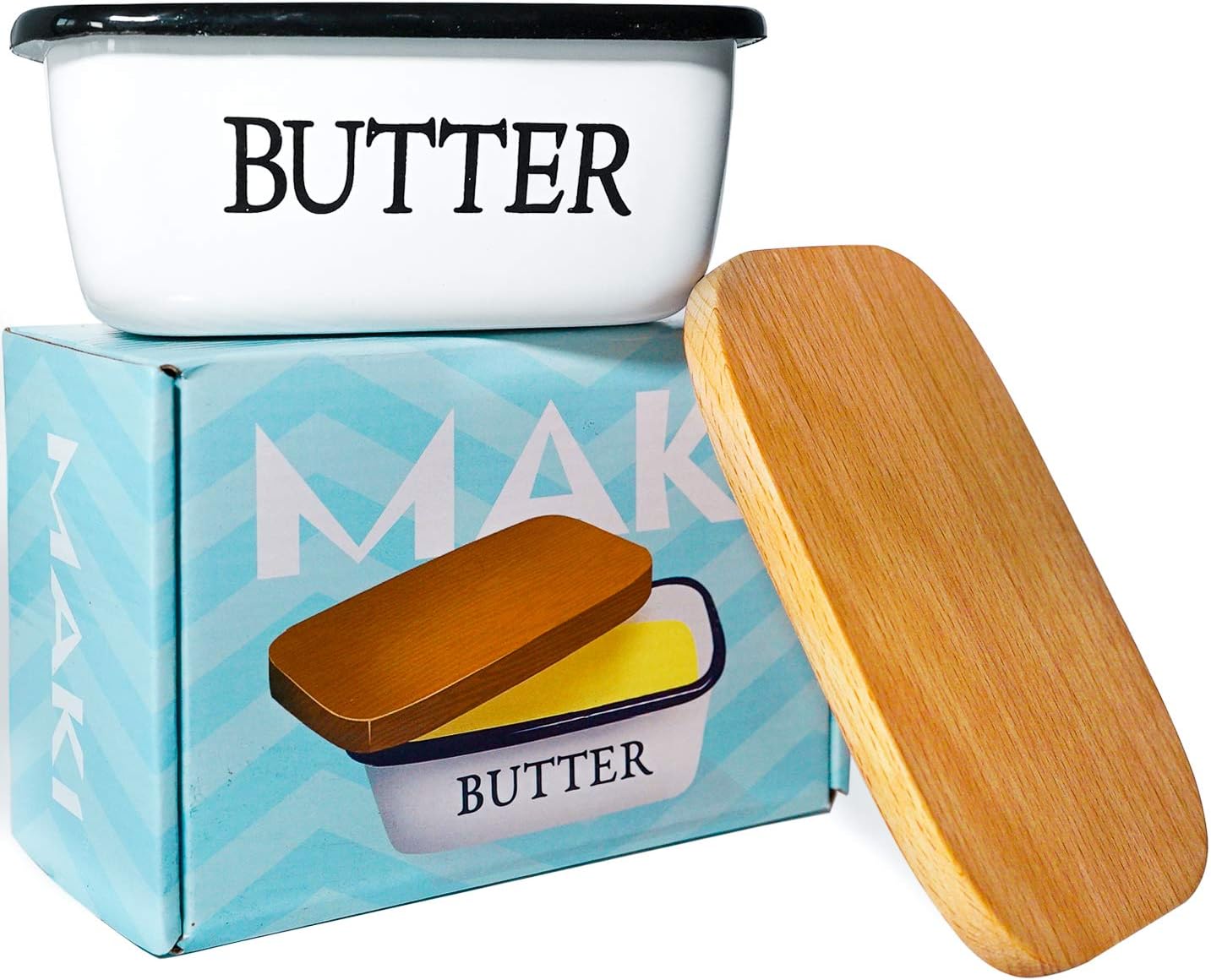 Butter Dish - White Enamel with Beechwood Lid - Fits Western, Eastern, and European Butter Sticks, 6" x 4" x 2.5""Butter" Boat (Enamel & Beechwood, 6" x 4" x 2.5")