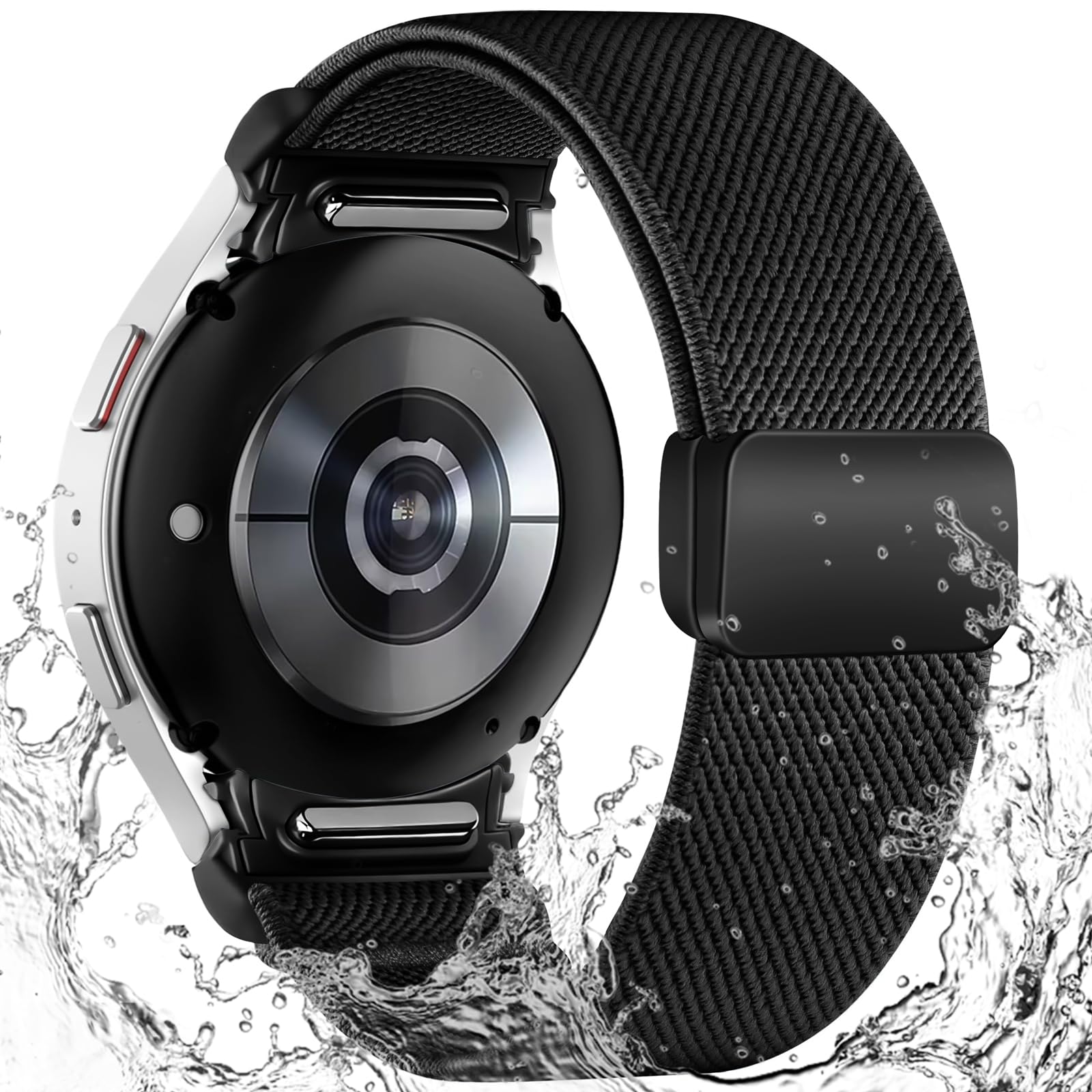 Photo 1 of One Click No Gap Band Compatible for Samsung Galaxy Watch 7 6 5 4 FE 40mm 44mm/ 6 Classic 43 47mm/ 5 Pro 45mm/ 4 Classic 42 46mm,20mm Water-Resistant Magnetic Stretchy Nylon Straps for Women Men,Black