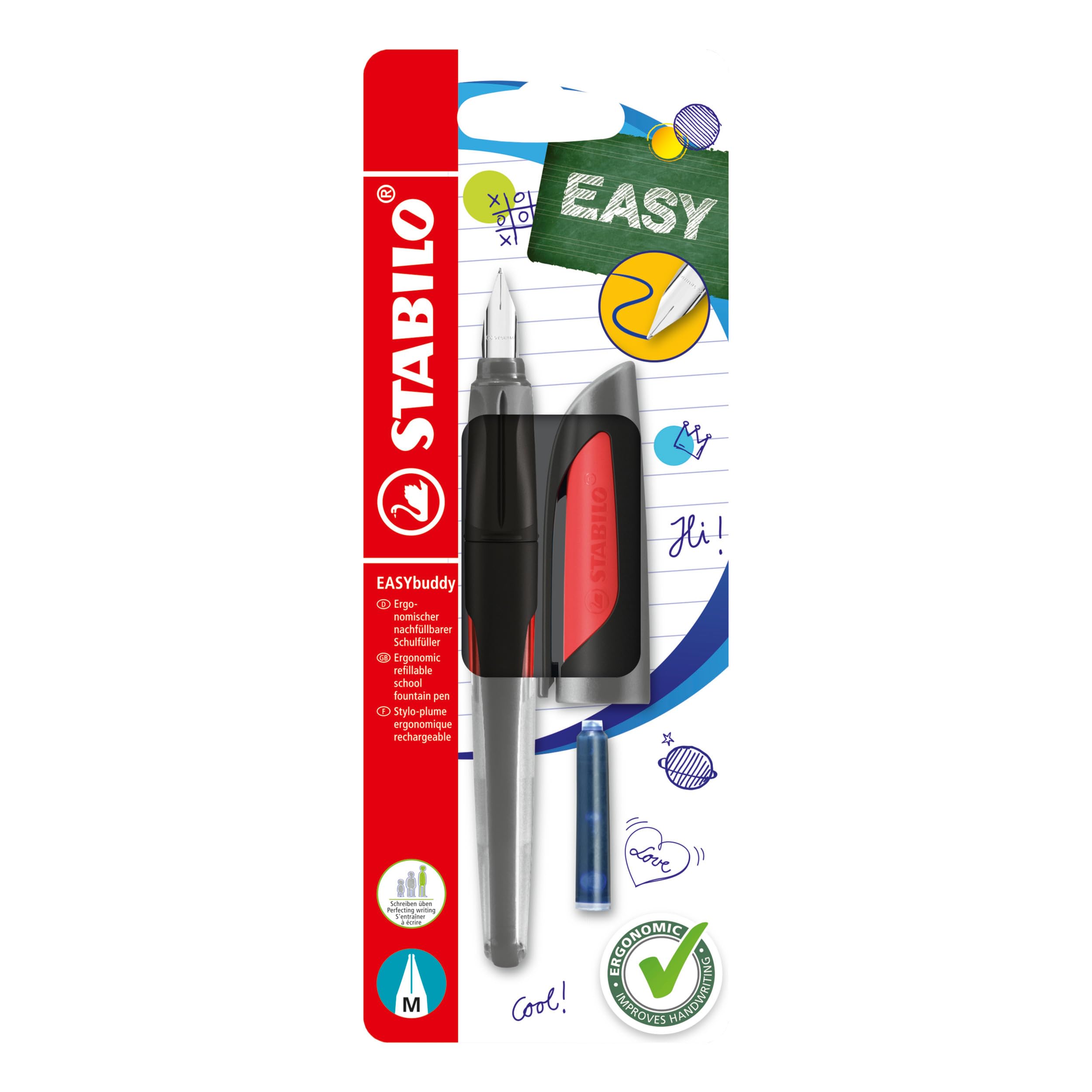 STABILO Ergonomic School Fountain Pen EASYbuddy - M Nib - Black/Red