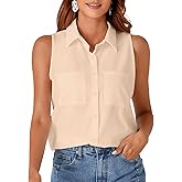 Rooscier Women's Collar V Neck Sleeveless Button Down Blouse Top Shirt with Pockets Beige X-Small