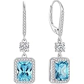 FJ Princess Cut Dangle Drop Earrings 925 Sterling Silver Square Halo Leverback Earrings Birthstone Jewelry for Women