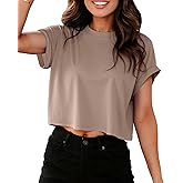 Crop Tops for Women Summer Short Sleeve Loose Fit T Shirts Casual Round Neck Rolled Basic Tees