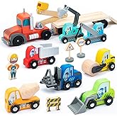 umu Construction Toy Cars 14 PCS Wooden Kids Mini Vehicles for Toddlers, Compatible to Thomas Train Toys Railway and Major Brands, Best for 3 to 5 Year Old Boys and Girls