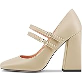 Saekcted Women Chunky Block High Heel Close Square Toe Pumps Mary Jane Buckle Party Dress Cute Shoes 3.9 Inches Heels