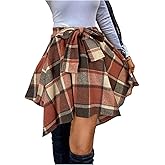 MakeMeChic Women's Plaid Flannel Mini Skirt Bow Tie Front Elastic High Waisted Asymmetrical Fall Winter Skirts