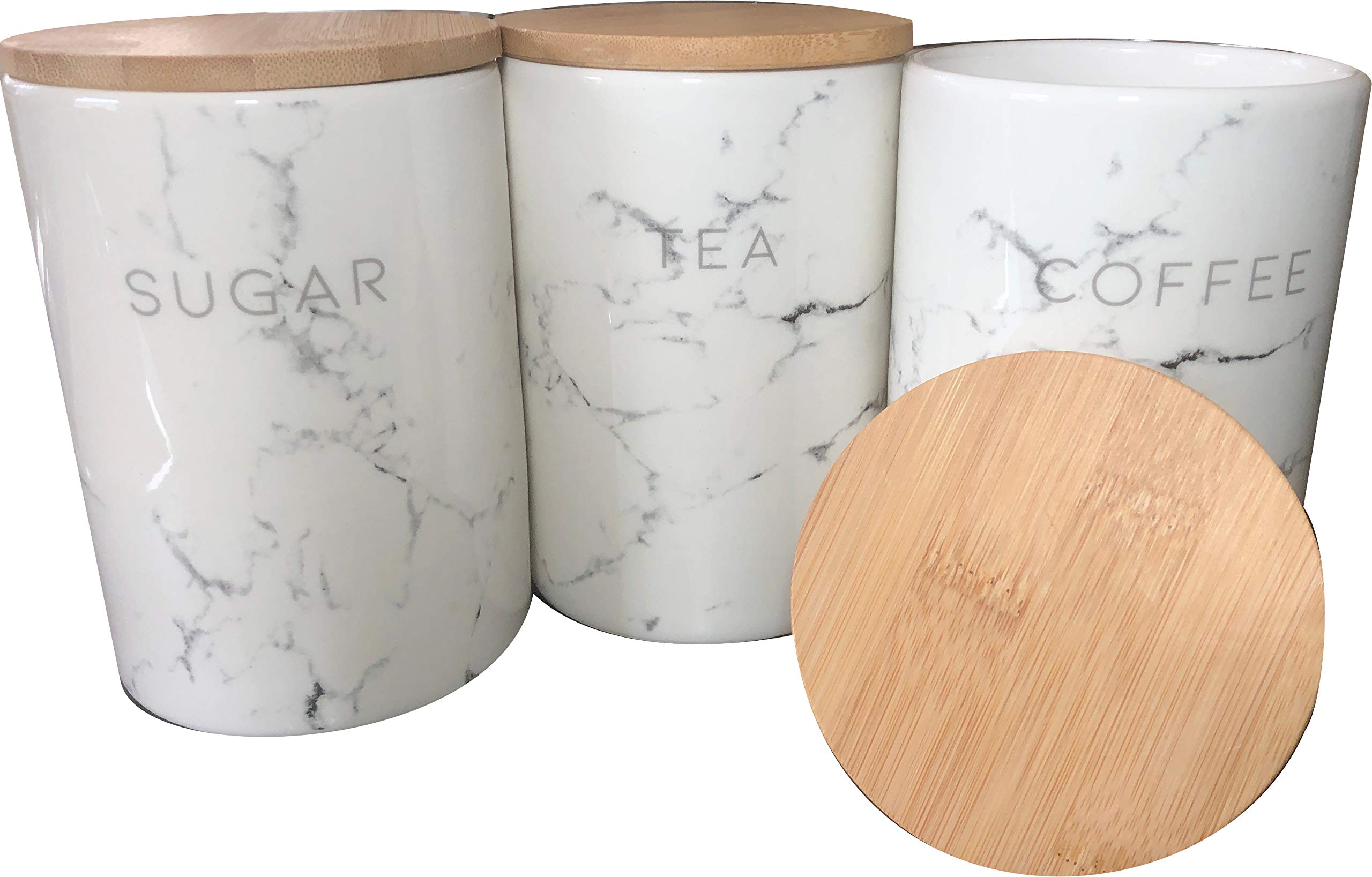 Marble Storage Jars Canisters Bamboo Lids Fresh Seals Tea,Coffee & Sugar 3pc