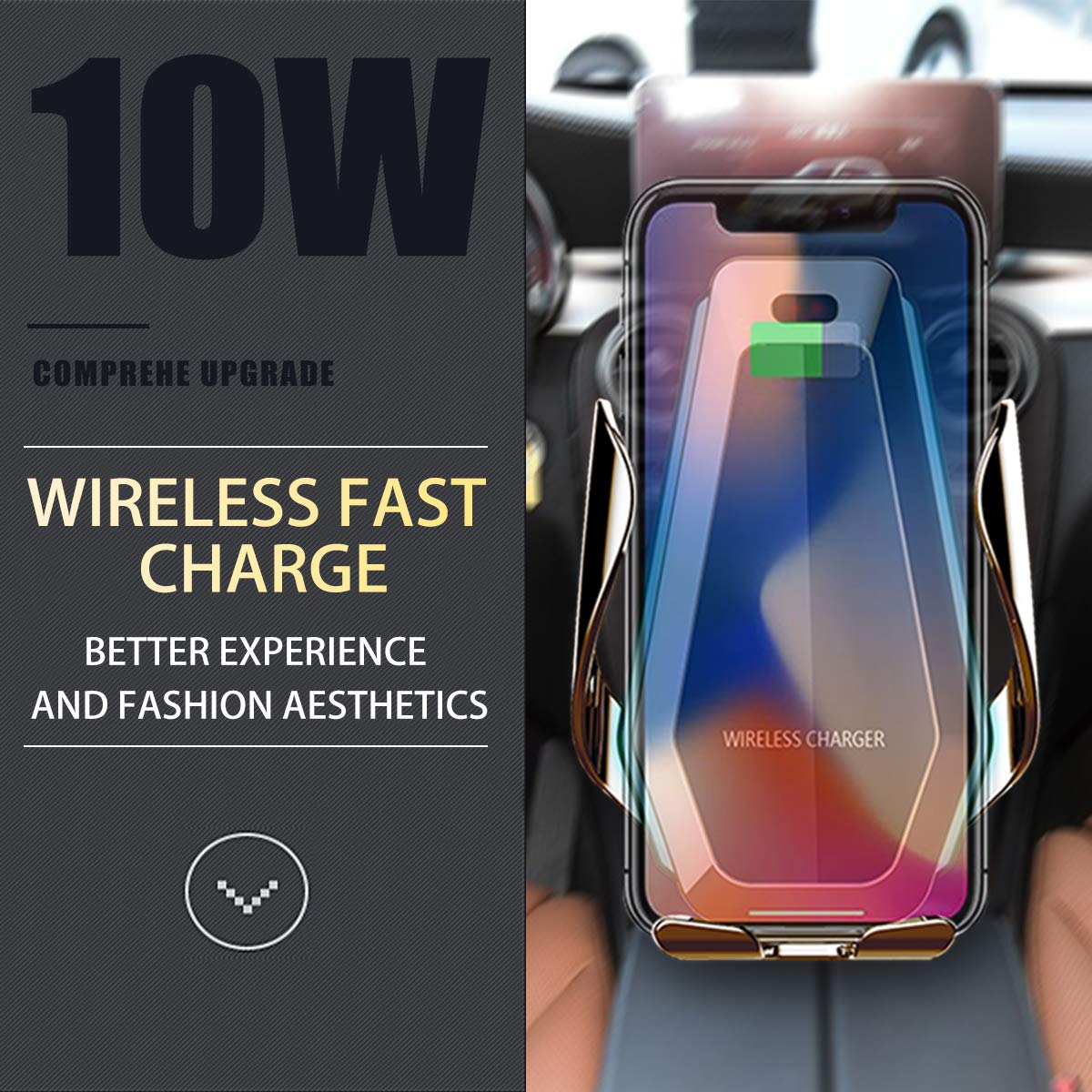 EZNILE Wireless Car Charger Mount Auto-Clamp Free Rotation Windshield Dash Air Vent Phone Holder 10W Qi Fast Charging Compatible with iPhone11/Xs MAX/XS/XR/X/8Plus/8,Samsung S6/S7/S8/S9 Edge+ (silver)