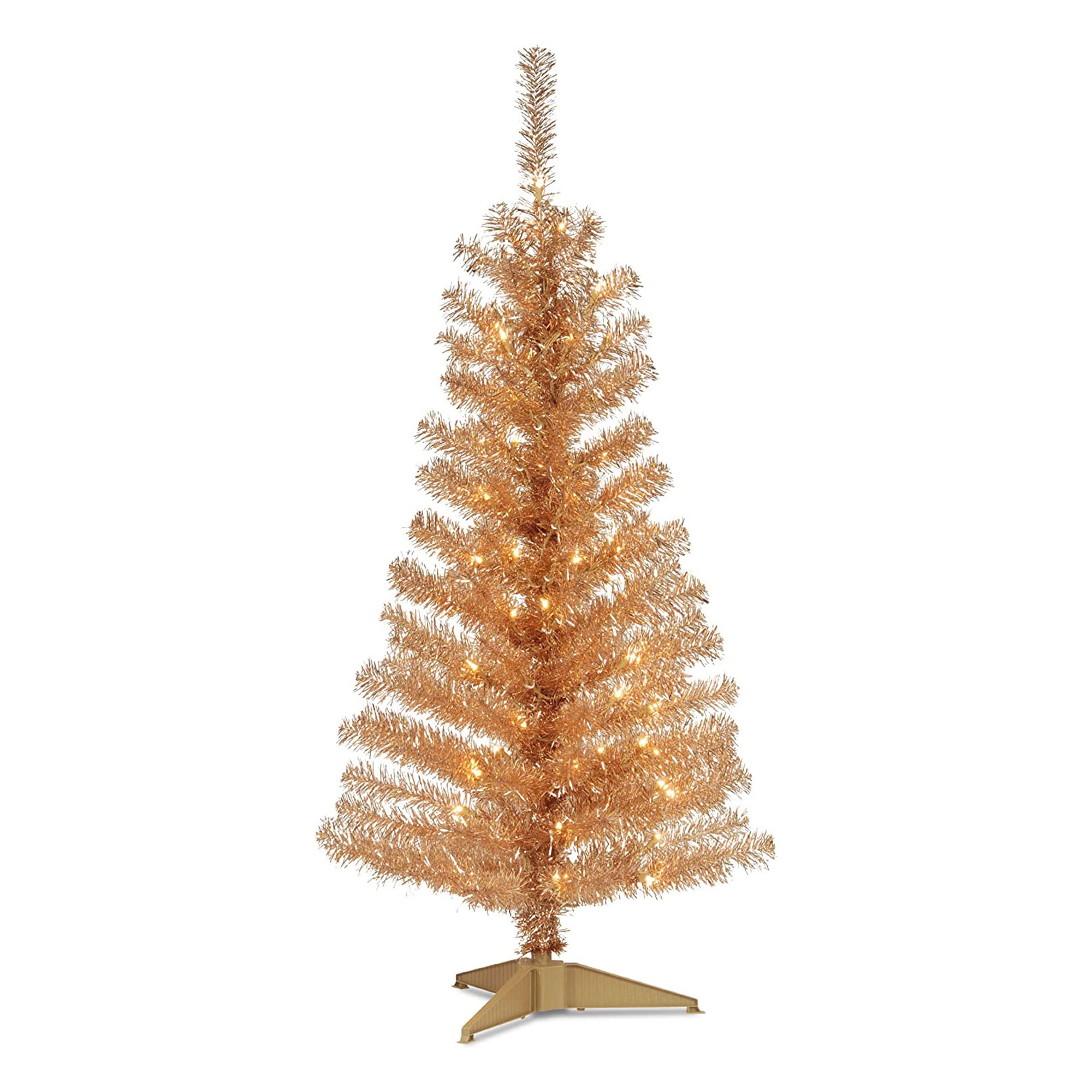 National Tree Company Pre-Lit Artificial Christmas Tree, Champagne Gold Tinsel, White Lights, Includes Stand, 4 feet