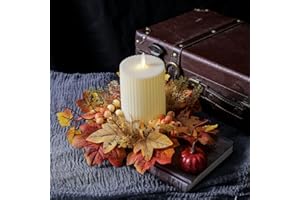 RSACCSKY 2 Pcs Artificial Maple Leaves Candle Rings Berry Wreaths Small Boho Wreath Pillar Candle Holder for Autumn Thanksgiving Wedding Home Door Tabletop Decoration (Orange)