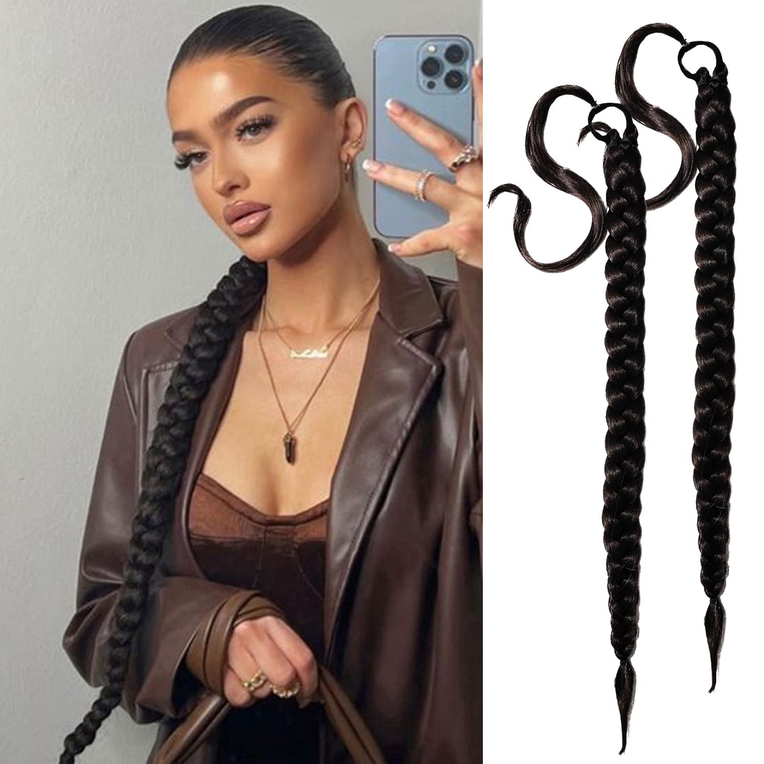 Photo 1 of 2 Packs Black Long Braided Ponytail Extension For Black Women Soft Synthetic Hair Piece For Women with Hair Tie Straight Wrap Around Ponytail Braided Hair Extensions pre Stretched 30 Inch