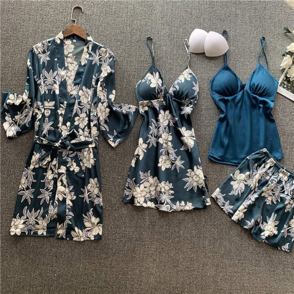 Boossongkang Pajamas Qweek Satin Pijama Set 4 Pieces Sexy Pajama Floral Sleepwear Women Lounge Wear Nightie Night Wear Suits With Ches Amazon Co Uk Kitchen Home