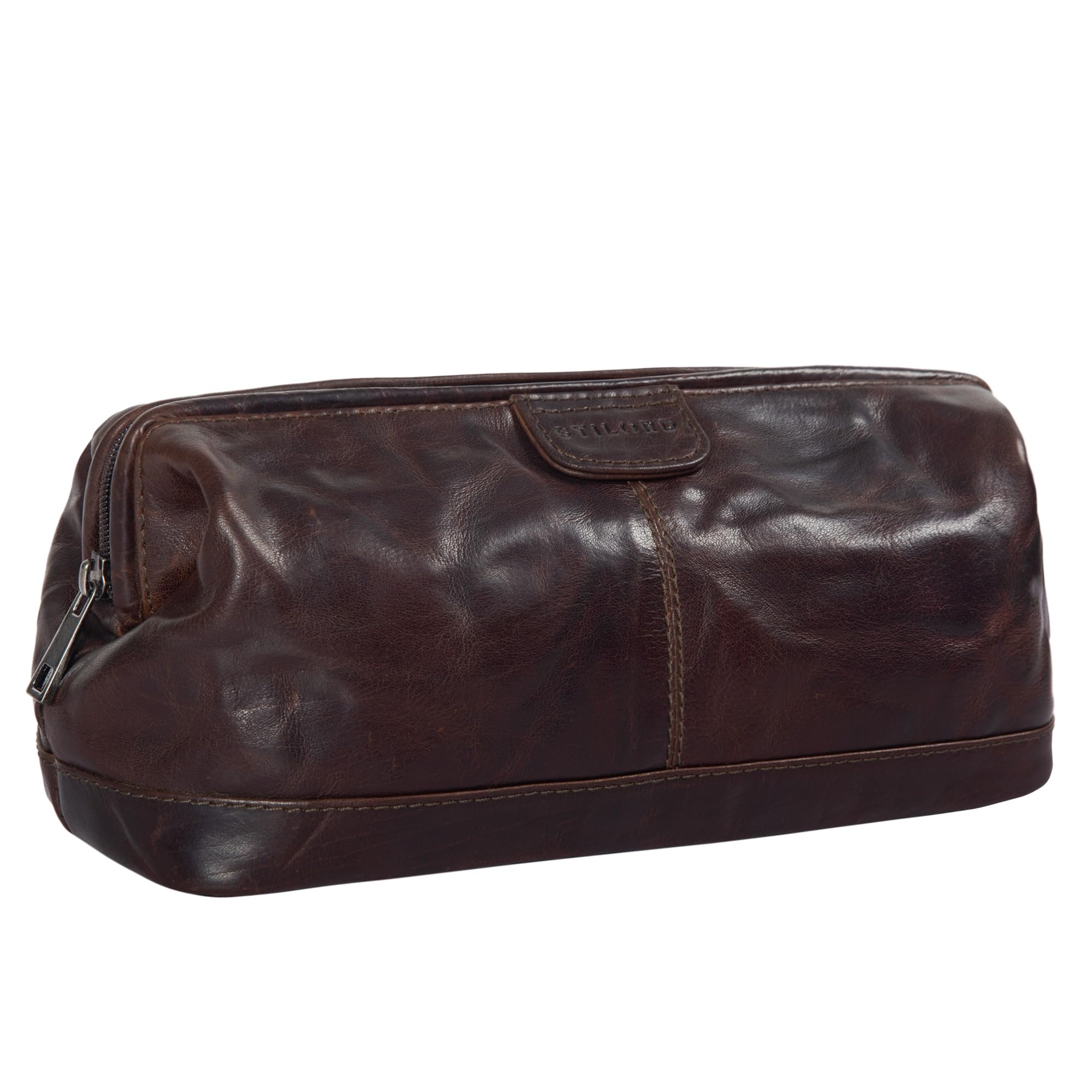 STILORD "Laurin" Mens Wash Bag Travel Leather Vintage Sponge Bag with Zipper Wash Bag Toiletry Bag for Overnight Holiday Weekend in Genuine Leather Colour:Espresso Brown