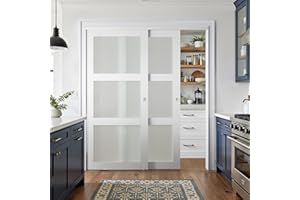 COSHOMER Sliding Closet Door for 72" x 80" Opening, 3-Lite Frosted Glass MDF Barn Door with Hardware Kit Set, Door Panels Need to Assemble, White