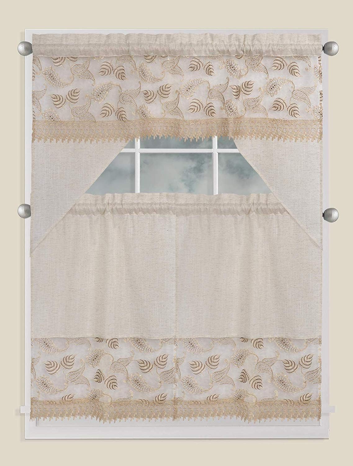 Elegant Home Collection 3 Piece Embroidered Kitchen Window Curtain Treatment Set with Embroidery Tiers and Swag Valance 3168 (Leaves Beige/Gold/Brown)