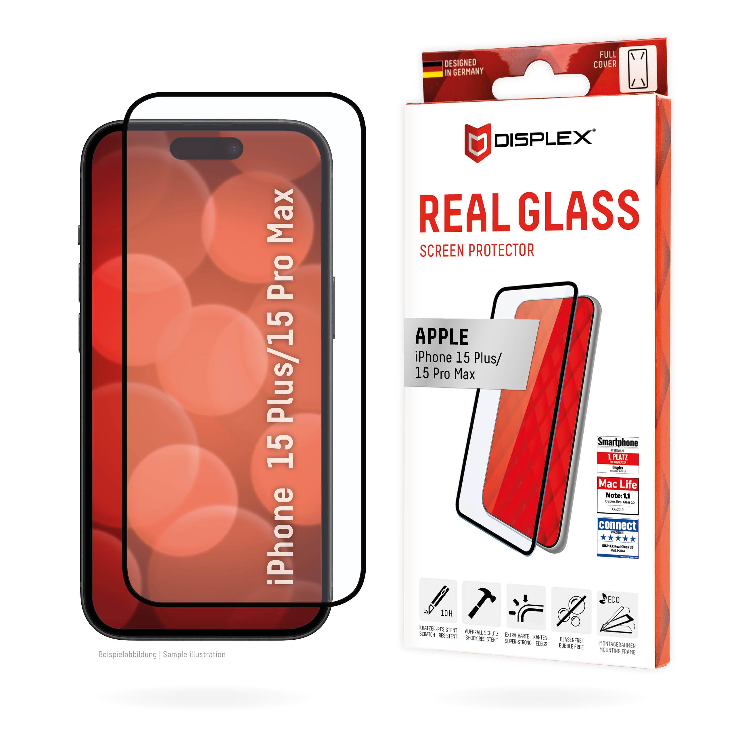 Displex Full Cover Tempered Glass Protector (10H) for Apple iPhone 15 Plus/15 Pro Max, Eco Mounting Frame, Full Screen Cover, Scratch-Resistant Glass Protector Film, Case-Friendly
