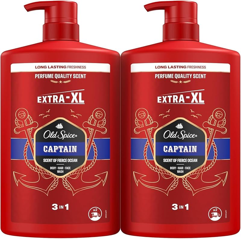 Captain Gel Douche et Shampooing Homme 2x1000ml Gel Visage Corps et Cheveux 3 en 1 Multi-usage Fraîcheur Longue Durée Parfum Exceptionnel Nettoyage en Profondeur