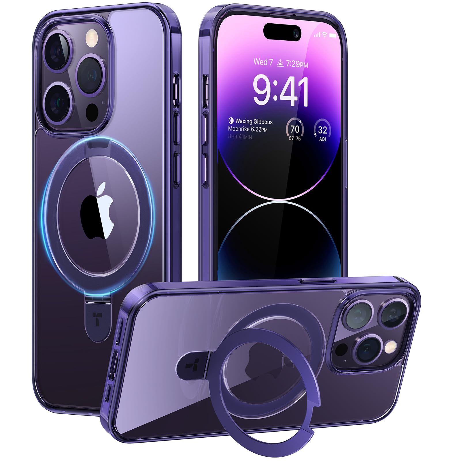 TORRAS Magnetic Ostand for iPhone 14 Pro Case, Built in Invisible Ring Stand, 12FT Military-Grade Shockproof, Compatible with MagSafe, Slim Protective Case for iPhone 14 Pro Cover, Purple Clear