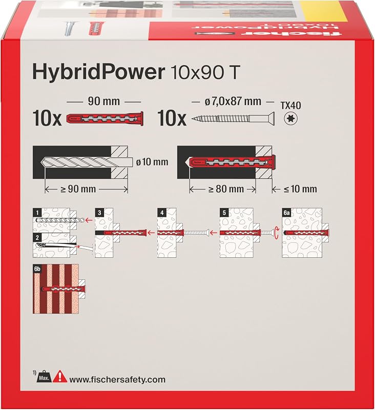 HybridPower 10 x 90 T, Dübel für Höchste Tragfähigkeit und Sicherheit, Einfache Montage ohne Setzwerkzeug, Universell für Loch- und Vollbaustoffe, Mauerwerk, Beton, Sicher auch im Brandfall